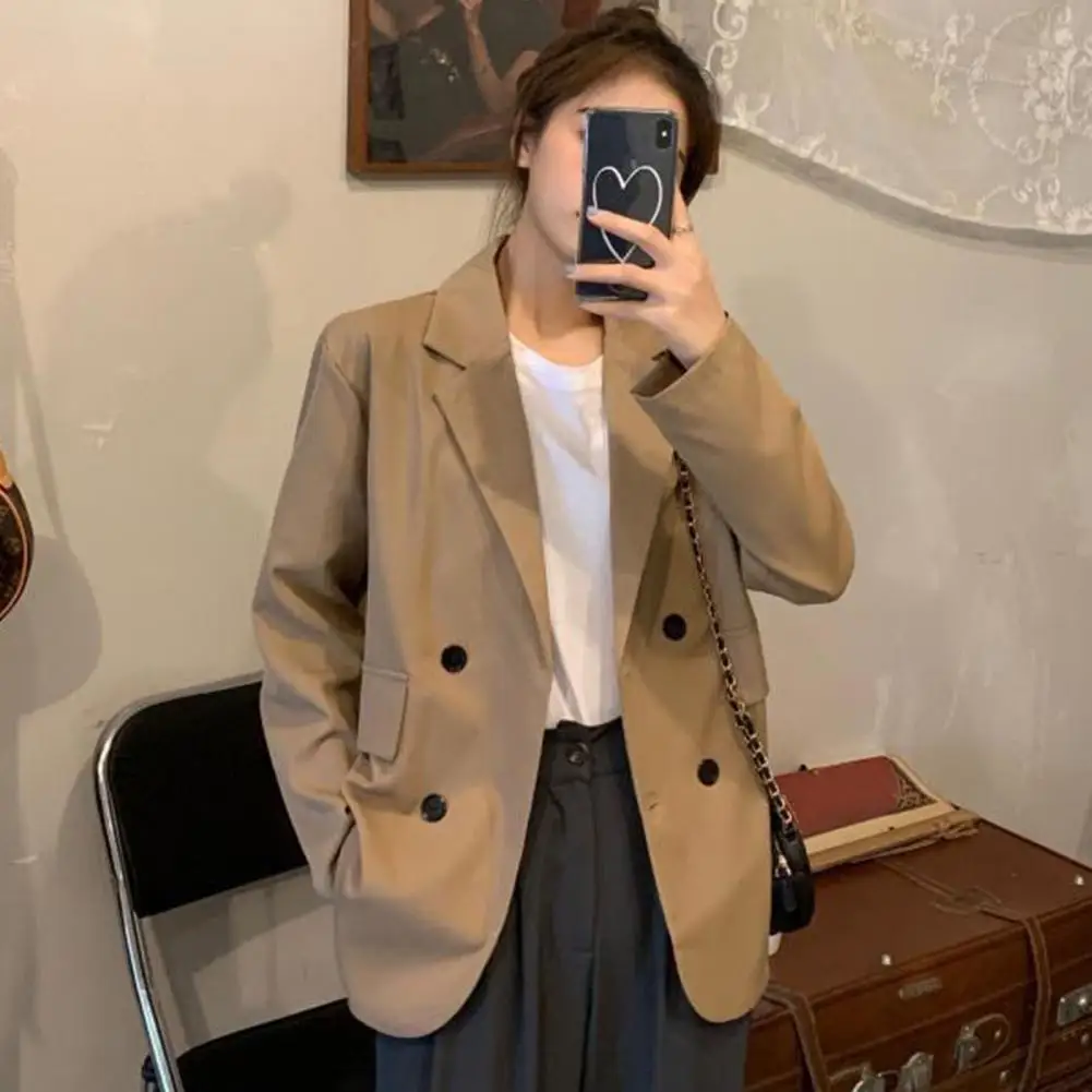 

Spring Autumn Women Blazer Solid Color Double Breasted Lapel Office Lady Suit Coat Loose Fit Flap Pocket Office Lady Suit Jacket