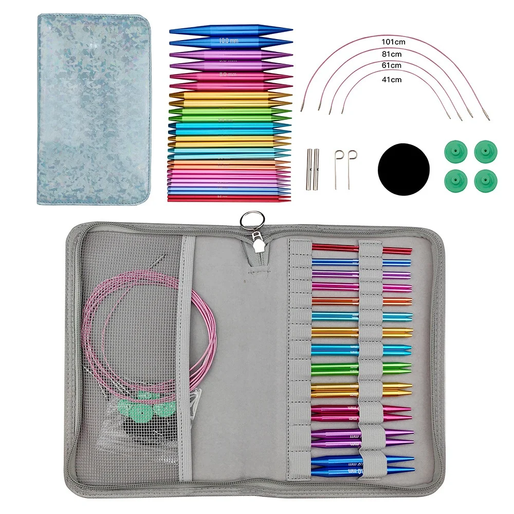 알루미늄 원형 뜨개질 바늘 세트 교환 가능한 크로 셰 뜨개질 후크 직조 원사 뜨개질 공예 도구 액세서리 키트 바늘