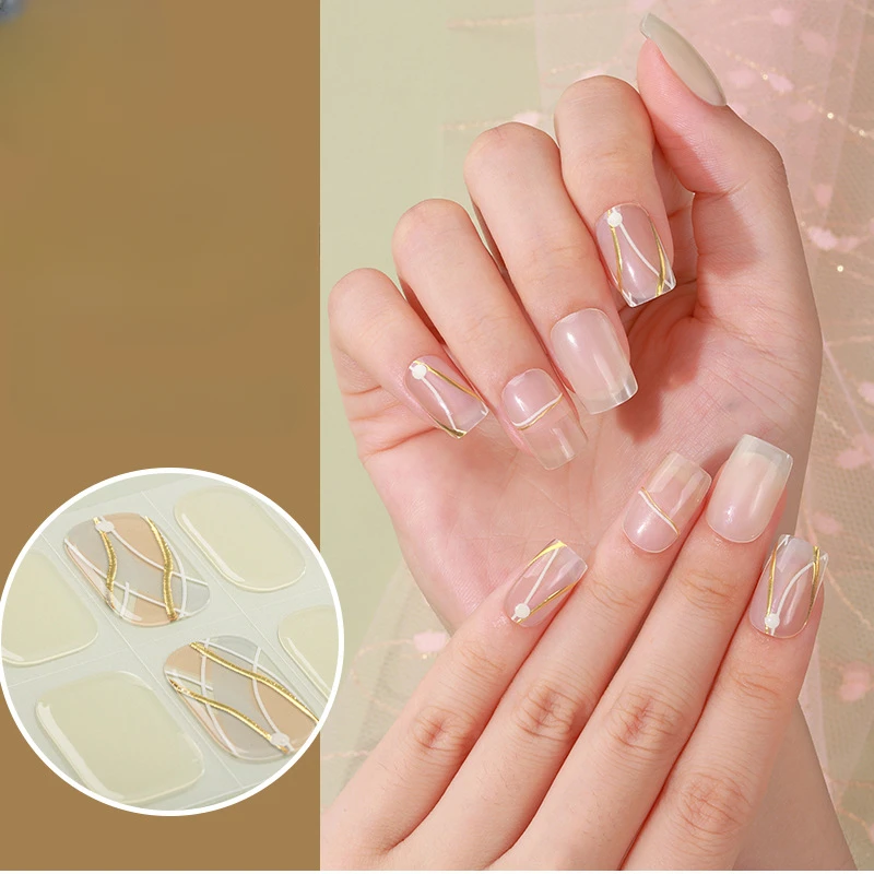 

16 Tips Nude Semi-Cured Gel Nail Patch Slider Adhesive Waterproof Long Lasting Full Gel Nail Sticker UV Lamp Needed Nail Wraps
