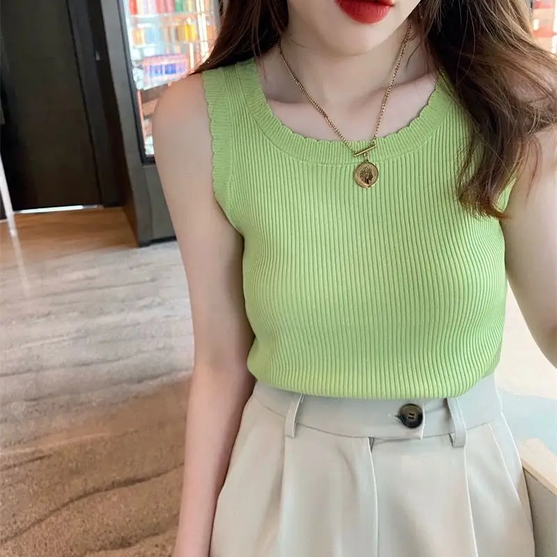 

2024 Women Summer Fashion Casual Camis Tank Tops Female Solid Color Sleeveless Top Ladies New O-neck Knitted Vest Tops H50