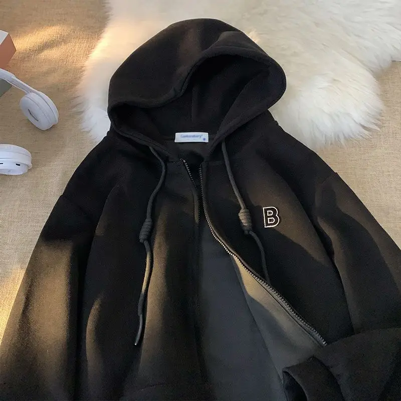 

Korean extra large size hooded velvet sweatshirt for men and women, casual couple, versatile loose zipper jackets zip up hoodie