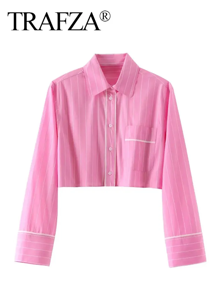 HH Women Fashion Pink Stripe Short Blouse Slim Long Sleeve Single Breasted Shirt Sweet Girl Top Y2K Summer Female Streetwear
