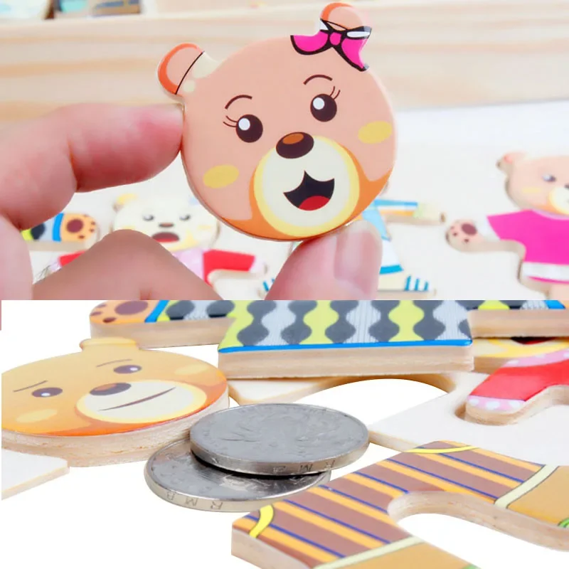 Wooden Toy Montessori Cartoon Animal Changing Clothes Jigsaw Dress Changing Shape Matching Puzzle Educational Toys For Children 4