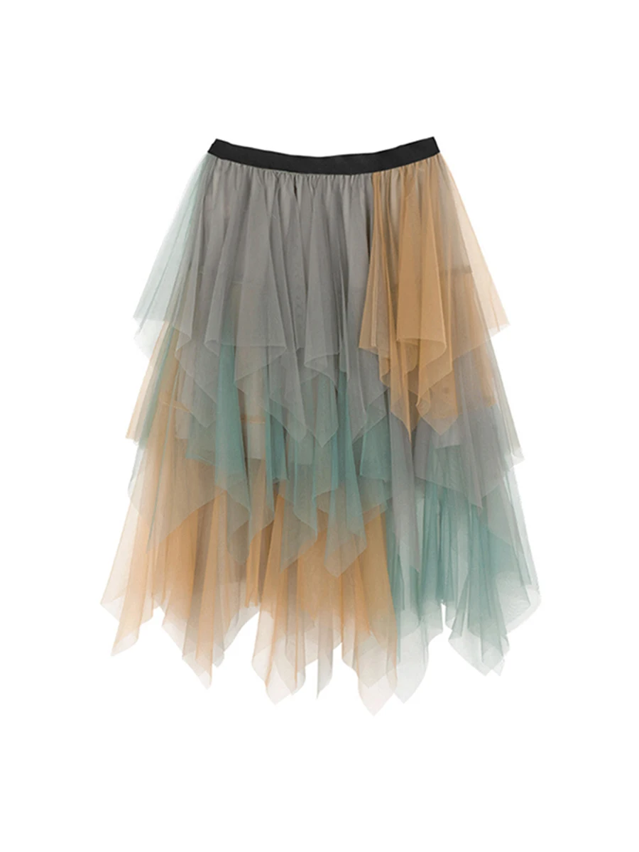 

Kimydreama Women Irregular Sheer Skirts Contrast Solid Color Elastic High Waist Ruffles Multi-Layered Tulle Tutu Skirt