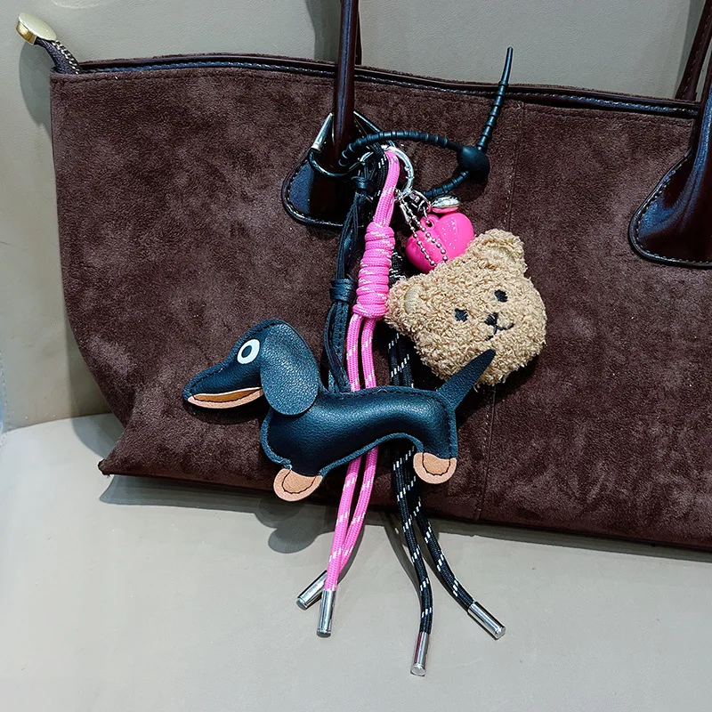 Vintage Dachshund Dog Keychain with Nylon Braided Rope PU Materials Elkegant Charm for Bag and Keys Decoration Daily Use