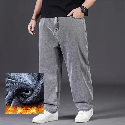 Джинсы Мужские Pantalones Vaqueros Hombre Plus Size Jeans for Men Winter Warm Wide Leg Jeans 30-48 Loose Long Pants Baggy Jeans 4
