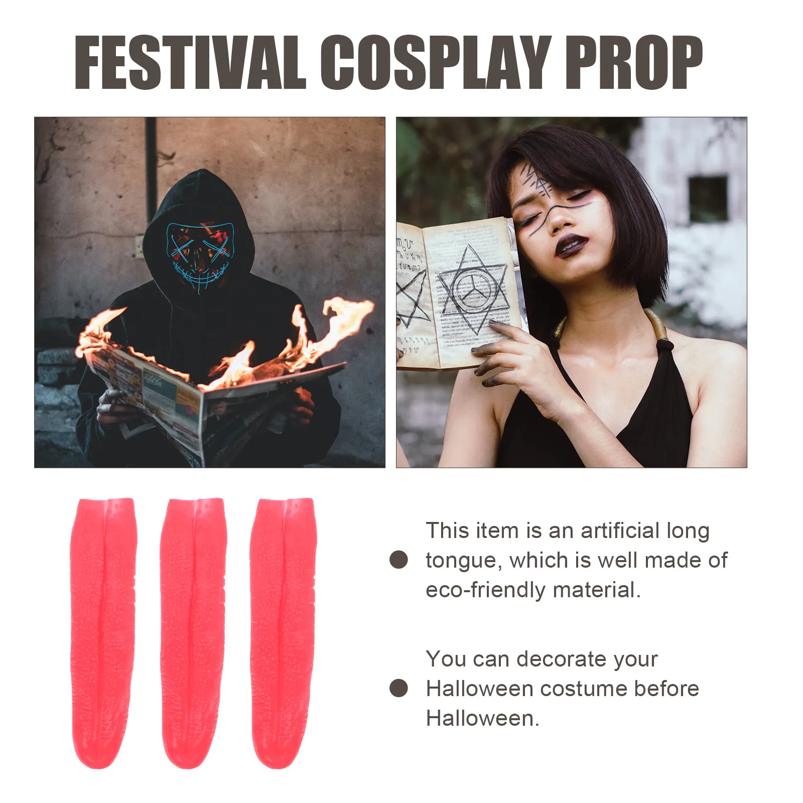 3Pcs 레드 롱 텅 프로프 실물 같은 디테일 할로윈 축제를위한 절묘한 가짜 혀 코스프레 공연 유령의 집 드레스