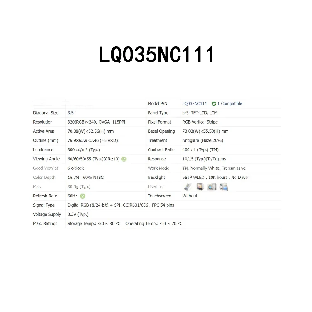 TFT-LCD 컨트롤패널 디스플레이, LQ035NC111, 3.5 인치, 320x240 350 니트, 매우 선명한 모듈