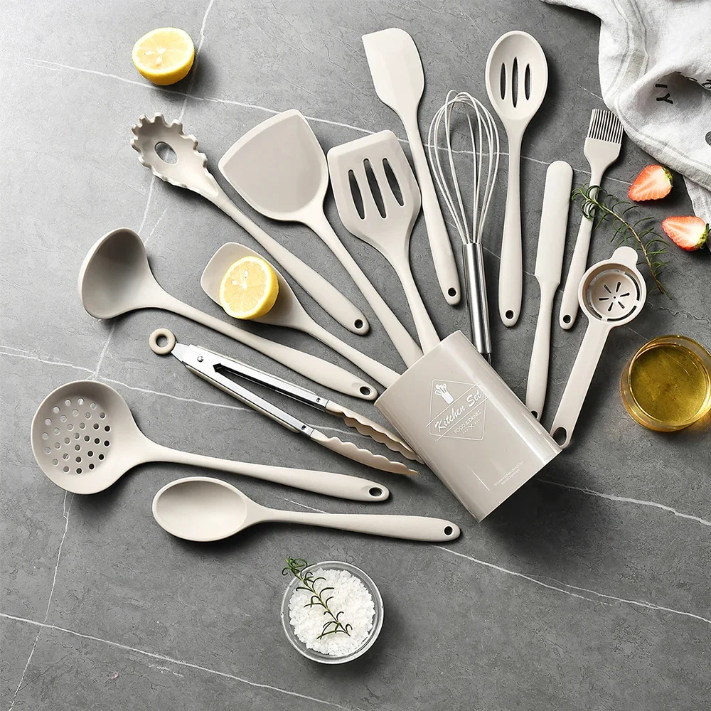 15Pcs Khaki Food Grade Silikon Küche Kochgeschirr Utensilien Turner Spachtel Suppe Löffel Praktische Kochen Werkzeug Küchenutensilien Set