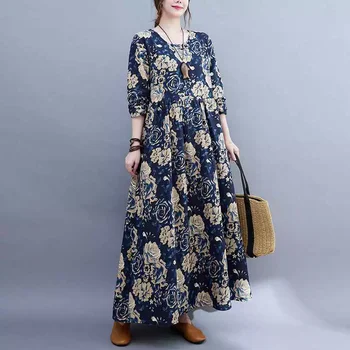 Abito lungo autunnale da donna Boho Abiti casual da spiaggia in cotone e lino Abiti da donna eleganti O-collo Vintage Maxi abiti larghi da donna 1