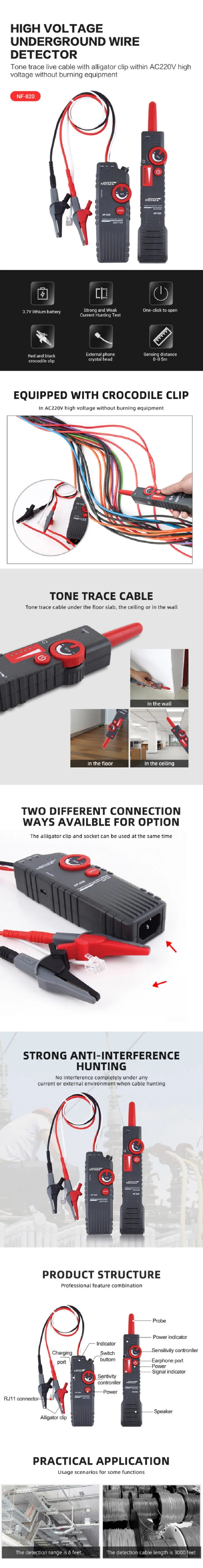 NOYAFA NF-820 Underground Cable Locator Wire Tracker Network Tester High & Low V