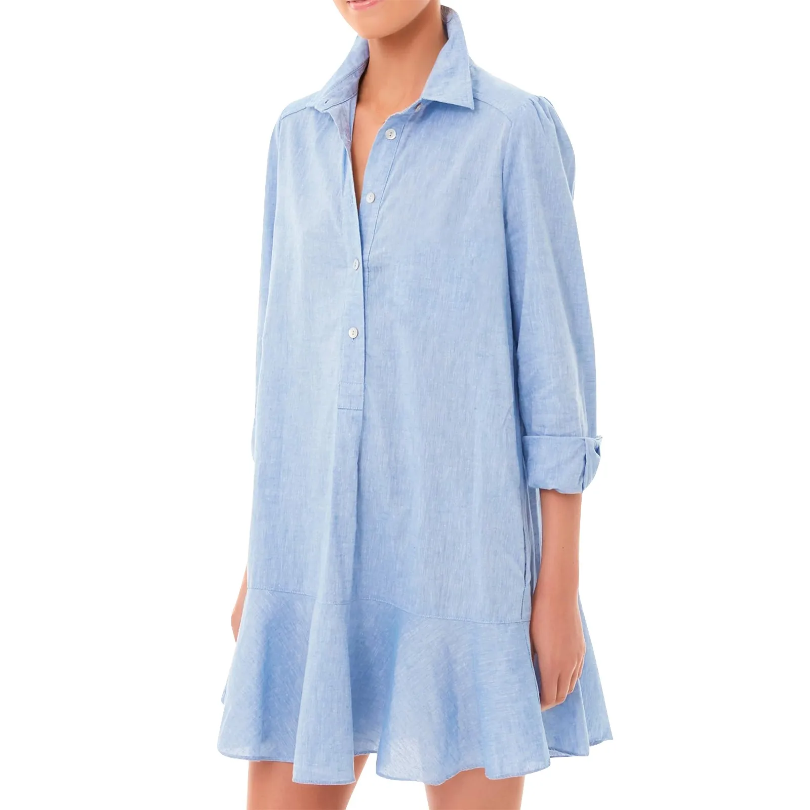 

Casual Loose Shirt Dress Women Summer Long Sleeve Lapel Vestidos Ladies Holiday Ruffles Hem Sundress Half Buttons Down Robe