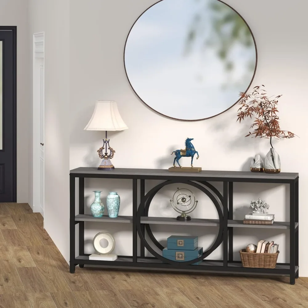 70.9 inch Sofa Console Table, Extra Long Narrow Entryway Tables with 3 Tier Wood Storage Shelves Metal Frame Black  Gray 6