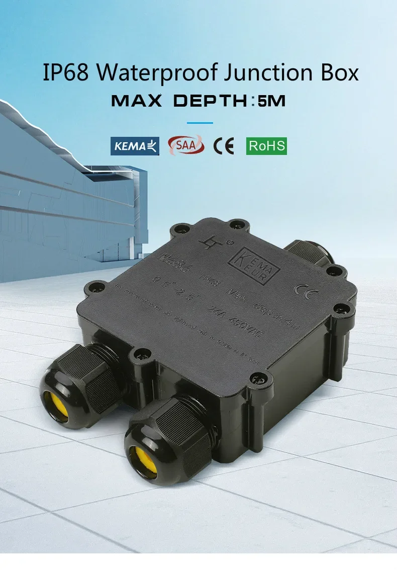 Description Picture 3 of itemIP68 3 Way Waterproof Junction Box 4/5/6pin 4-14mm Electrical Cable Wire Connectors 24A 450V External Electrical Junction Box