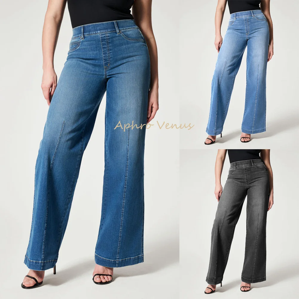 Women's Wide-legged Mid-waist Jeans High-stretch Elastic Seamless Plus Size Ladies' Demin Pants Old School Trousers