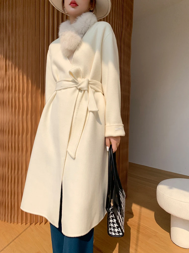 

Женское двухстороннее кашемировое пальто, свободное теплое кашемировое пальто с воротником из лисьего меха, новинка зимнего сезона 2023