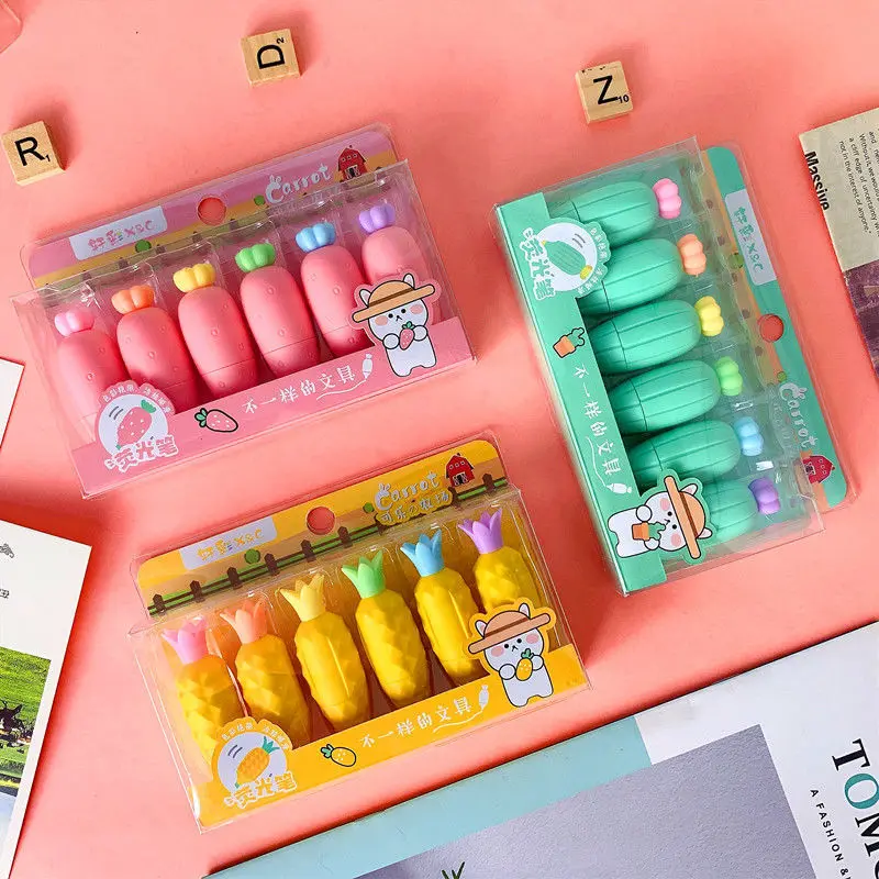 Cute cartoon vegetables carrot fruit six-color highlighters set children's mini kawaii art marker student office stationery