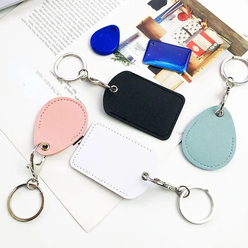 Leather Card Holder Keychain Key Ring Door Lock Access Tags ID Card Case Keychain Access Card Bag Key Tag Ring 6