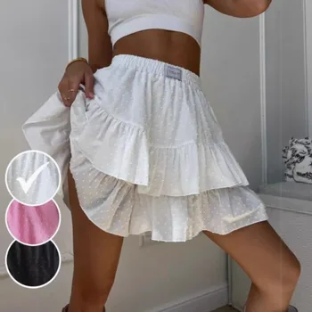 Women's White Cotton Mini Skirt Summer High Waist A-Line Ruffle Short Skirt Female Casual Sweet Elastic Waist Skirts