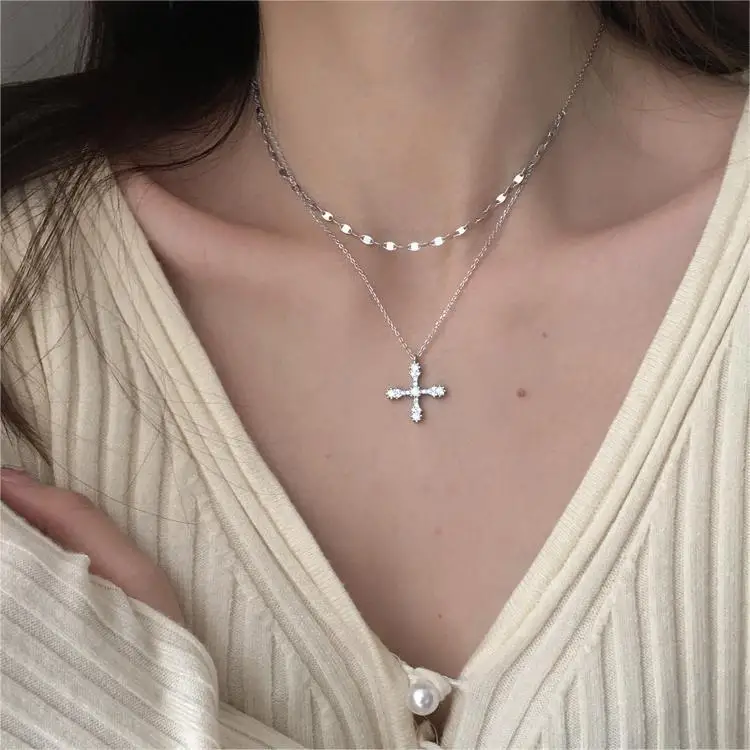 Fashion Women Crystal Zircon Cross Pendant Necklace for