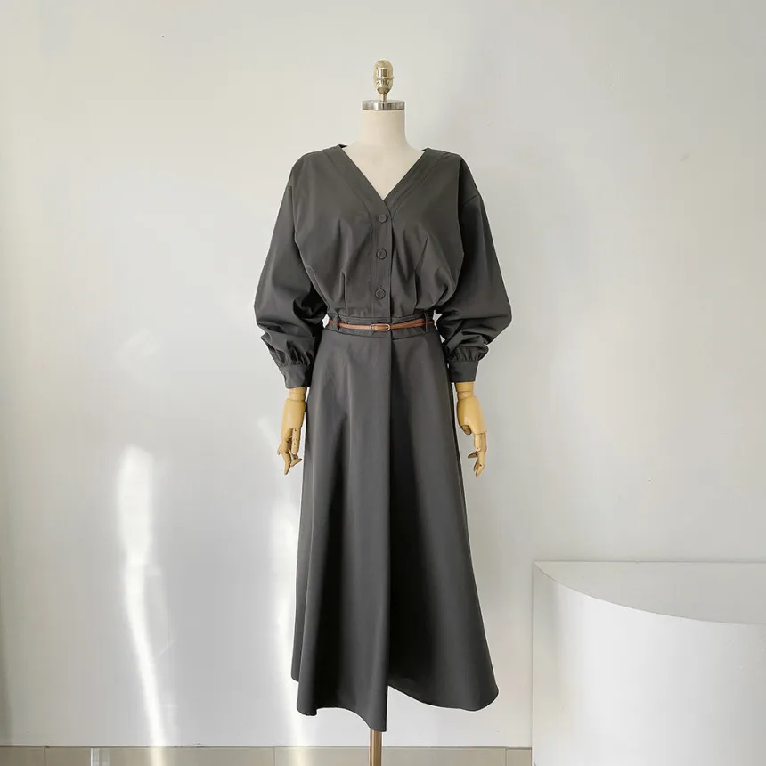 Korean Fashion V-neck Midi Dresses for Women with Belt Long Sleeve A-line Office Lady Autumn New Elegant Solid Female Clothing