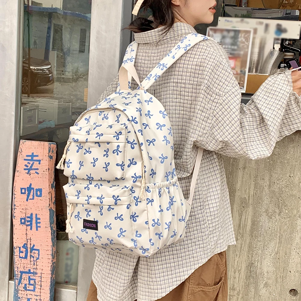 Girls Bow Print School Bookbag Teen Bowknot Daypack Travel Large Capacity Backpack Preppy Rucksack College Student Laptop Bag