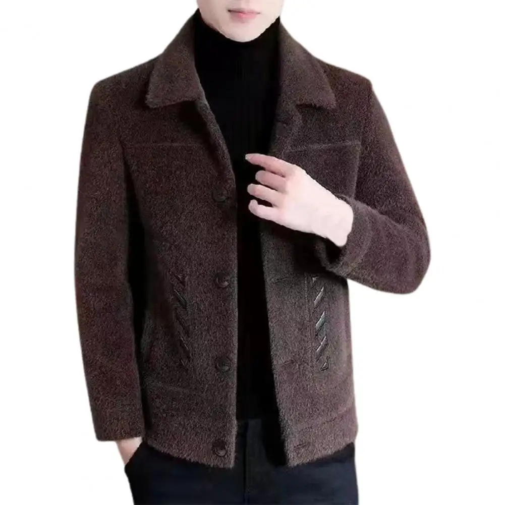 

Men Polyester Jacket Classic Slim Fit Men's Jacket with Lapel Design Side Pockets Thickened Solid Color Button-up Coat Autumn