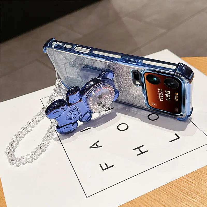Shockproof Phone Case with 3D Bear Stand and Glitter Crystal Chain Lanyard