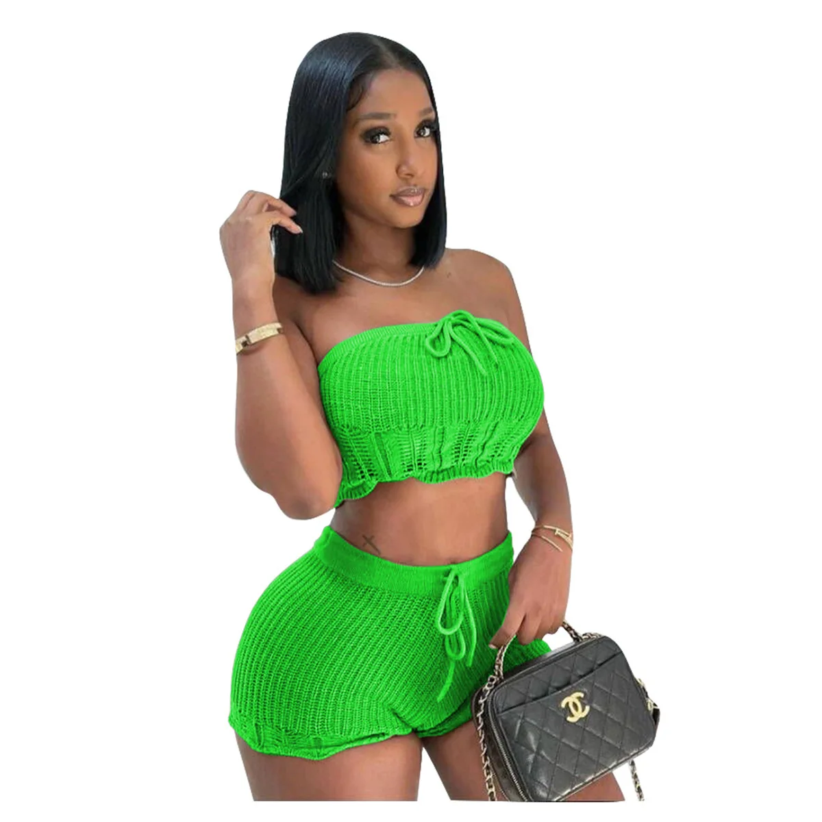 Knitted 2 Piece Set Women Outfit Solid Off Shoulder Crop Tops Stretch Shorts  Tracksuit Casual Sexy Club Party Short Sets Woman - AliExpress