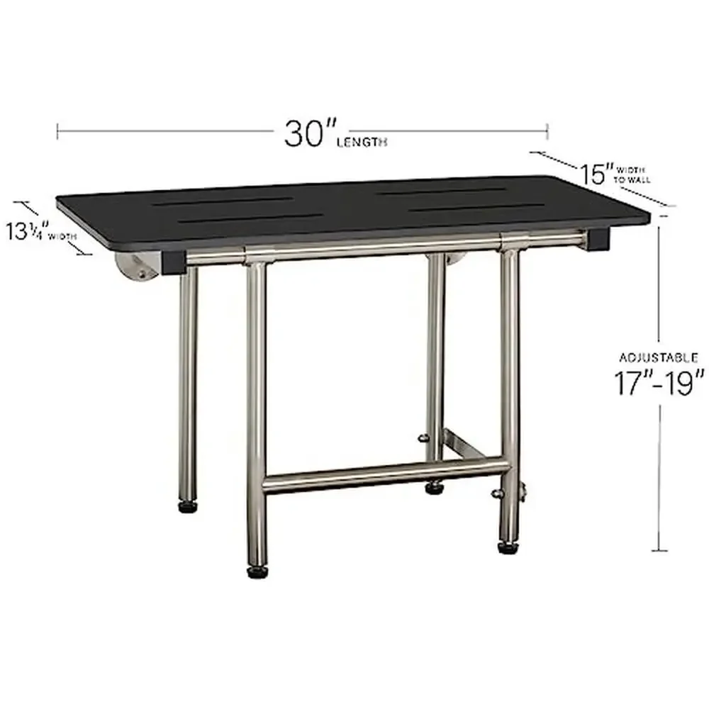 ADA Bariatric Folding Wall Mount Shower Bench 1000lb Capacity Matte Black Phenolic Seat 2