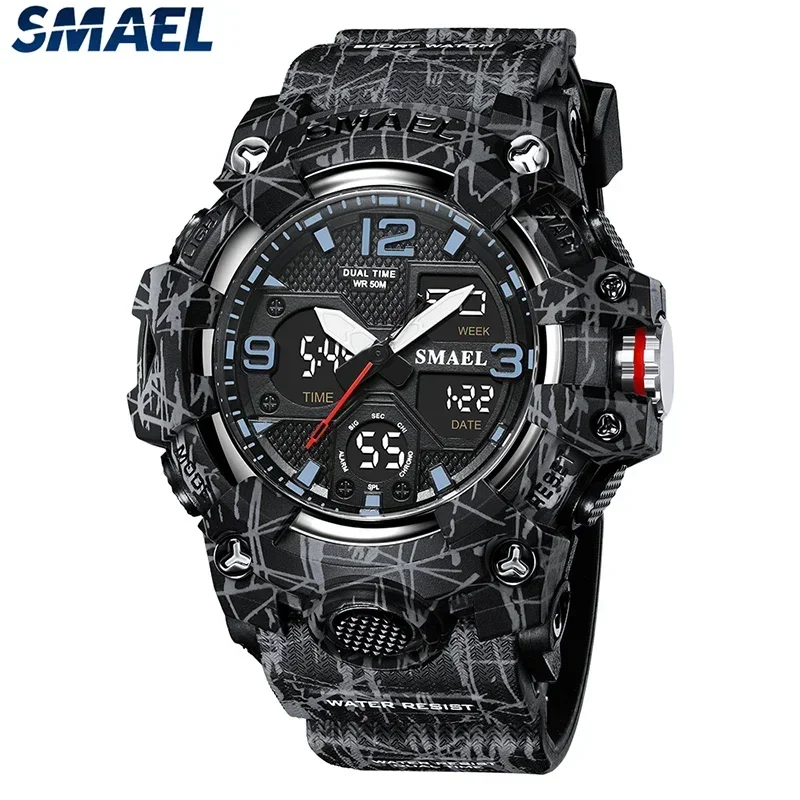 

SMAEL Camouflage Style 50M Waterproof Clock Alarm Stopwatch Quartz Wristwatches For Men Men Watches Sport Military Watch 8008