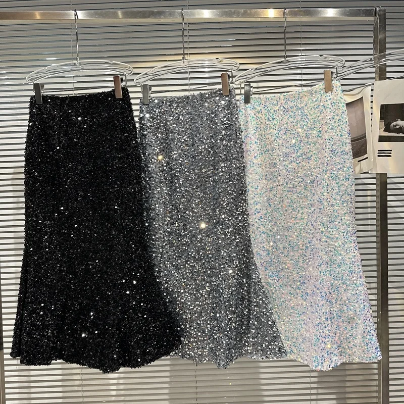 

2023 Summer New Fishtail Skirt Medium Length Women's Fashion All over Sequin Wrapped Hip Long Dress White Black High Quality