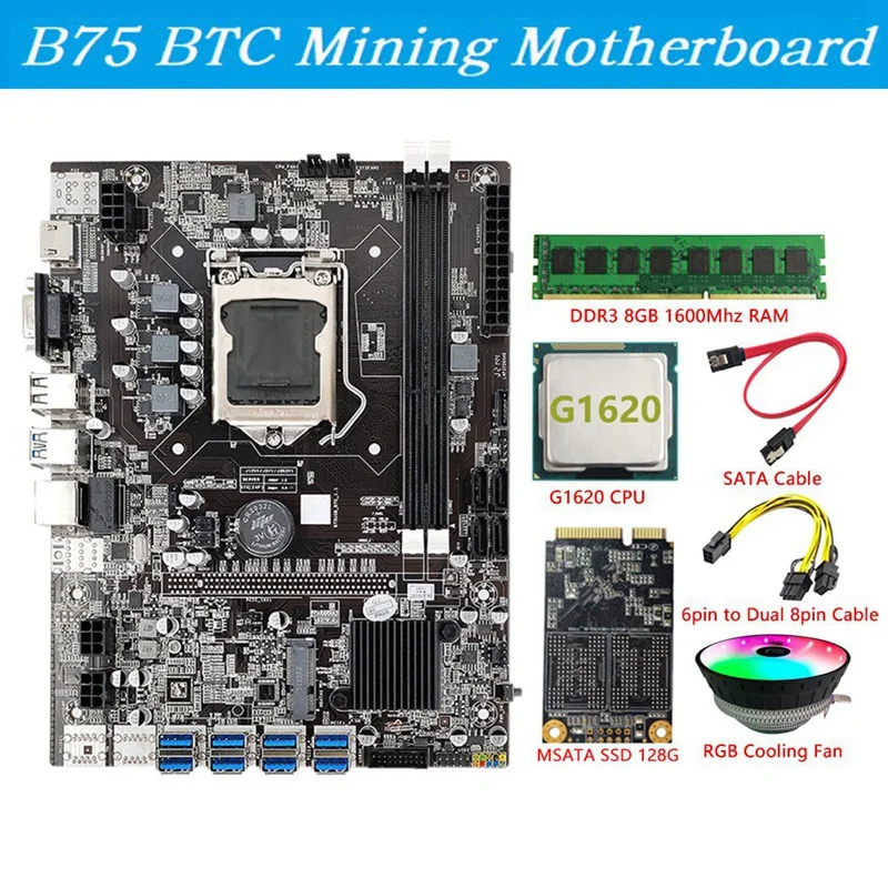 mother board of computer B75 BTC Mining Motherboard LGA1155 8GPU USB3.0 To PCIE+G1620 CPU+DDR3 8GB 1600Mhz RAM+MSATA SSD 128G +Cooling Fan Miner most powerful motherboard