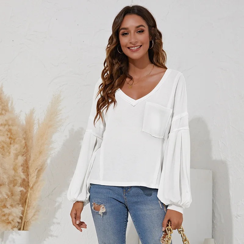 

AYUALIN Boho Summer Beach Blouse White Knitted Casual Lantern Long Sleeve Solid Tops Tee for Women Blouses Shirts Loose Blusas