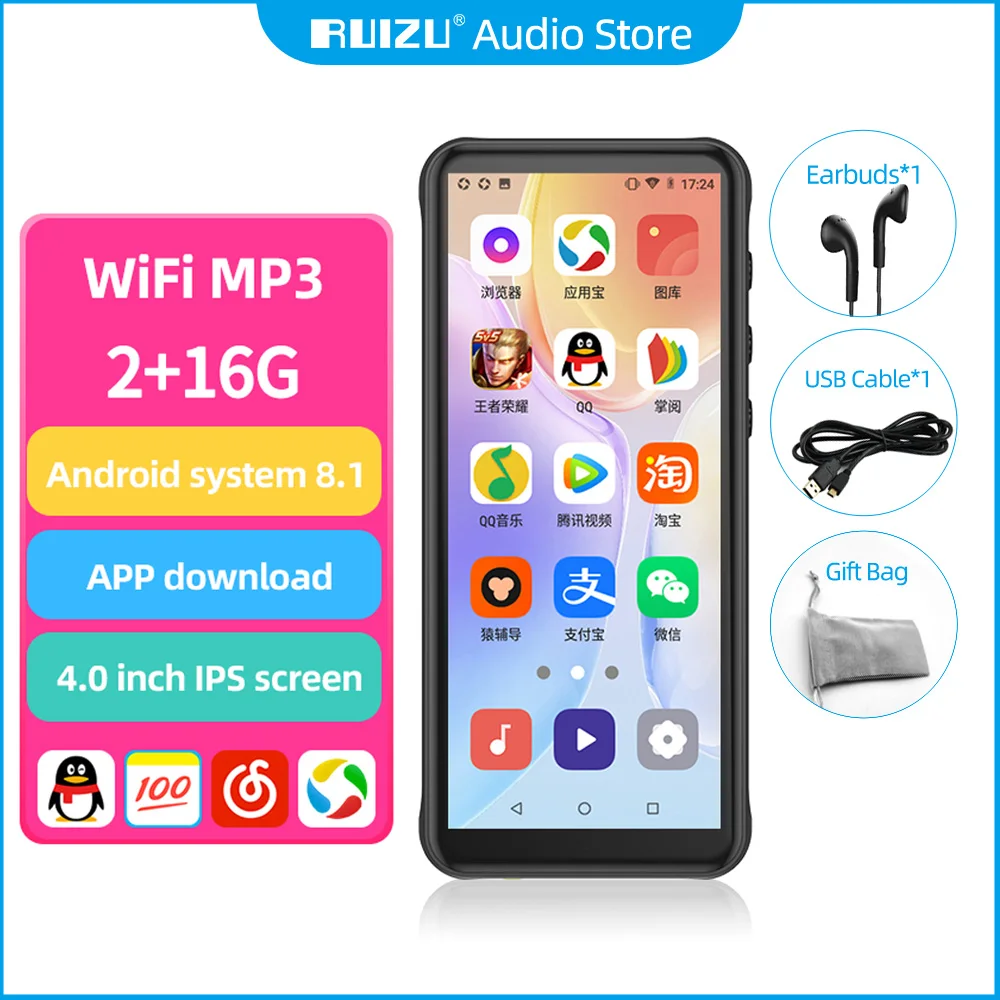 

RUIZU Z80 Android WiFi MP5 MP4 MP3 Player Bluetooth With Speaker Touch Screen Support FM Recorder E-Book TF SD Card APP Download