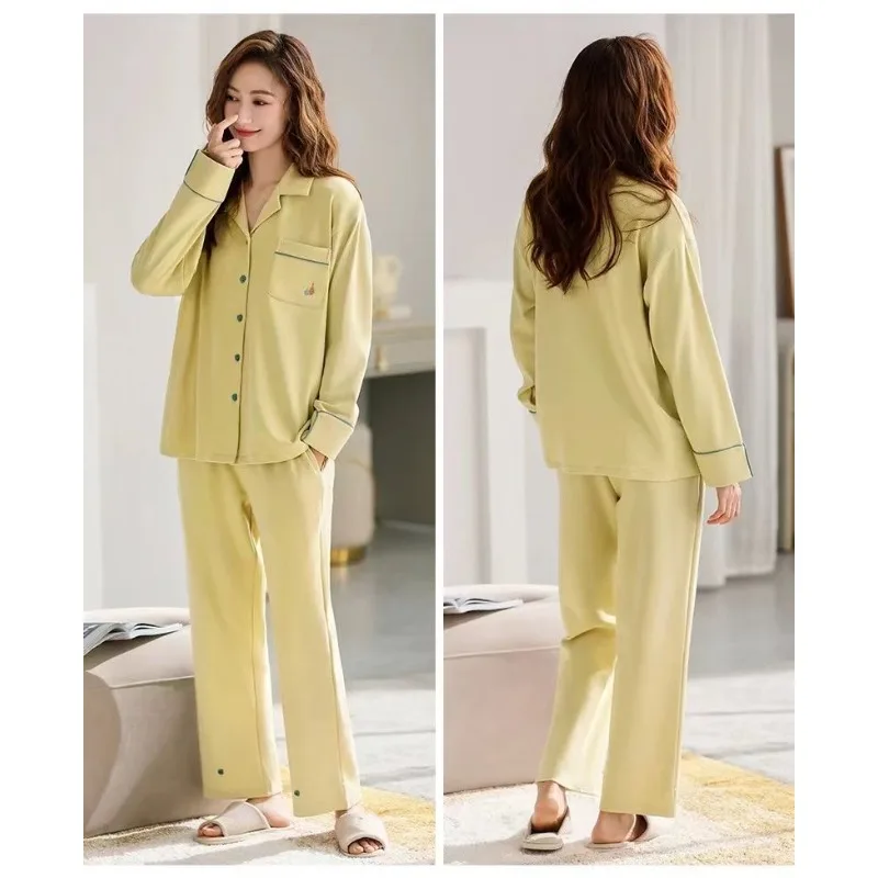 Girls 100% Pure Cotton Pajamas Women Spring Autumn Sleepwear Suit Solid Color Long Sleeve Loungewear Large Size Home Clothes Set
