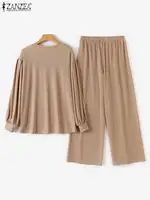 Muslim Fashion Matching Sets ZANZEA Autumn 2PCS Long Sleeve Blouse Wide Leg Pants Eleagnt Abaya Trouser Suit Women Tracksuits 5