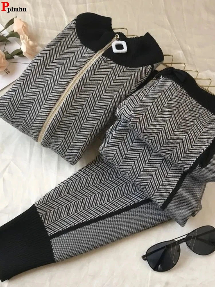 WinterFallStripe2PieceSetsStandCollarWarmCardiganTracksuitHighWaistHaremPantSuitsKnitSoftKoreanConjuntos-AliExpress200000345