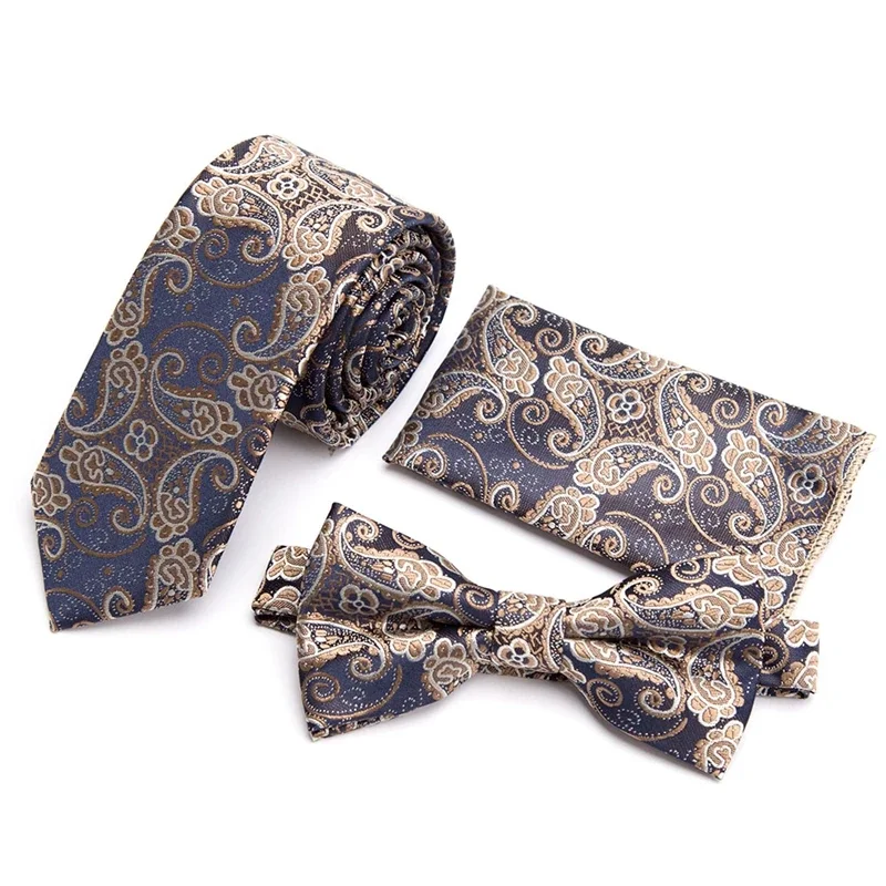 New Paisley Men's Casual Bowtie Tie Set 6cm Skinny Polyester Necktie Pocket Square Suit Designer Business Wedding Party Slim Tie