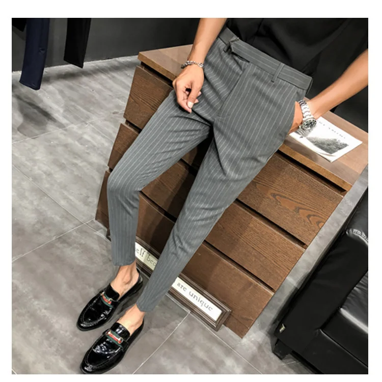 black blazer for men Style British Suit Pants Men Dress Pants Social Slim Fit Office Trousers Men Grey 2022 Spring New Striped Belt Trousers Men's casual blazer