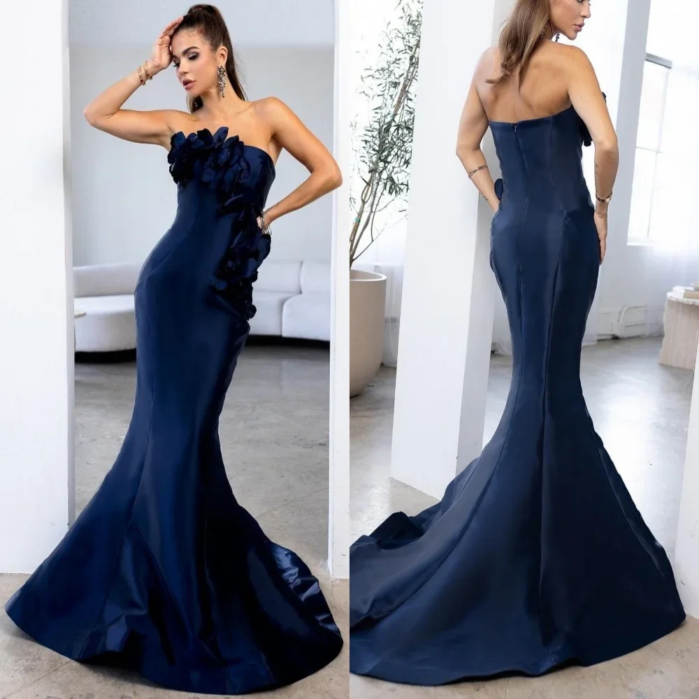 

Yipeisha Prom Dress Exquisite Strapless Mermaid Floor Length Evening Dresses Flower Hugging Satin Customized