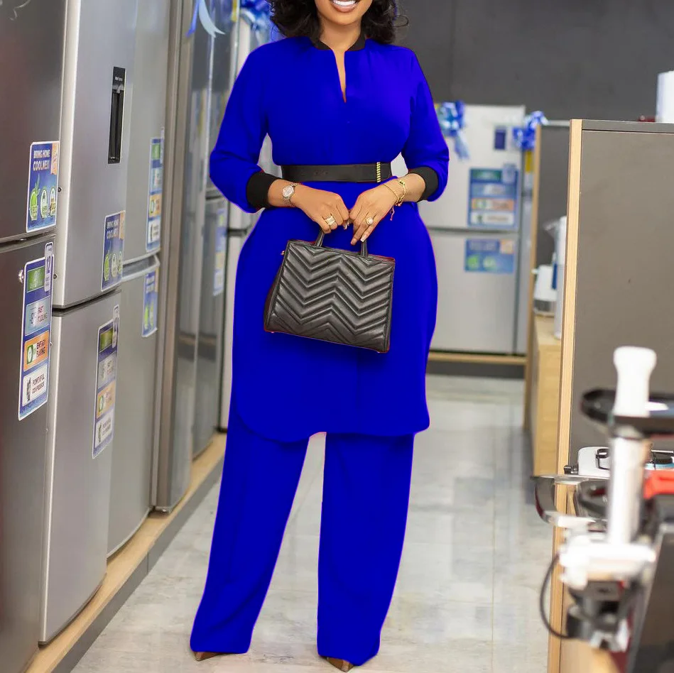 African Clothes Women Summer African Women Long Sleeve Red Blue Green Two Pieces Sets Top and Pant Suit with Belt