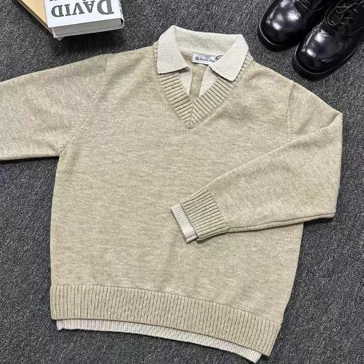 Leichter, reifer Stil, gefälschter zweiteiliger Pullover für Herren, Herbst und Winter, lässig, Pendeln, geschichtete Basis, einfarbig, Strickpullover – Detail 2