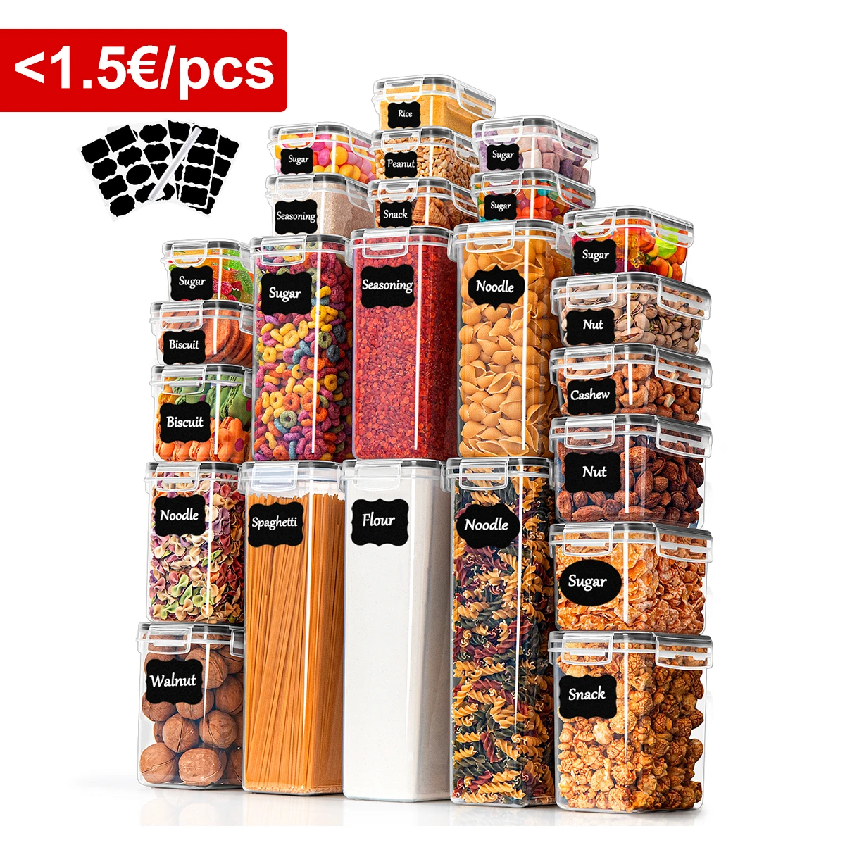 Küchen-Lebensmittel-Aufbewahrungsbehälter mit Deckel, luftdicht, 24er-Set, 48 Stück (24 Behälter, 24 Deckel), 0,8 l/0,32 l/0,24 l, BPA-frei