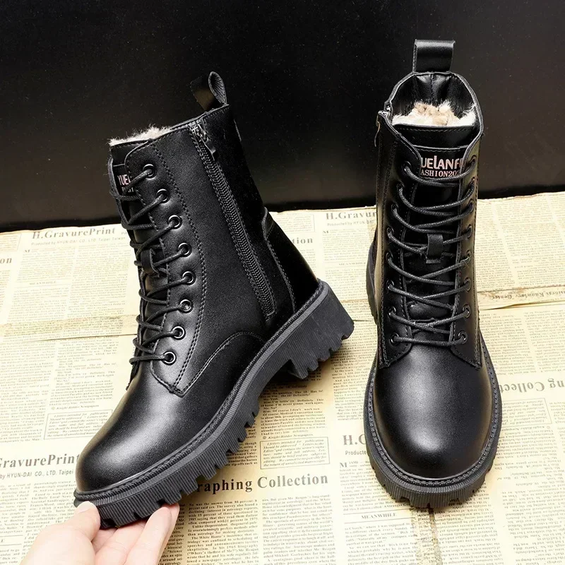 Waterproof Winter Snow Boots Women 2023 Plus Velvet Thick Cotton Women Shoes Black Leather Warm Platform Women\'s Ankle Boots