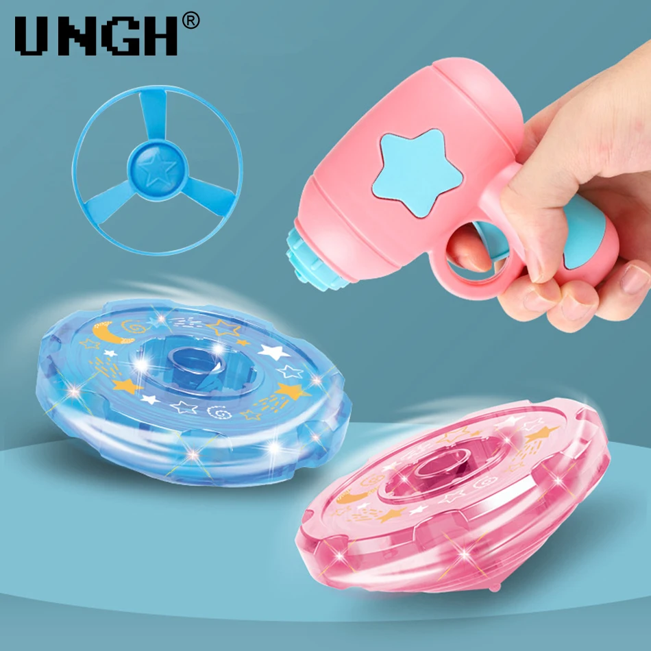 

UNGH Outdoor Games Rotating Gyro Flying Saucer Gun Luminous Flashing Spinning Top Toy Interactive Educational for Children Kids