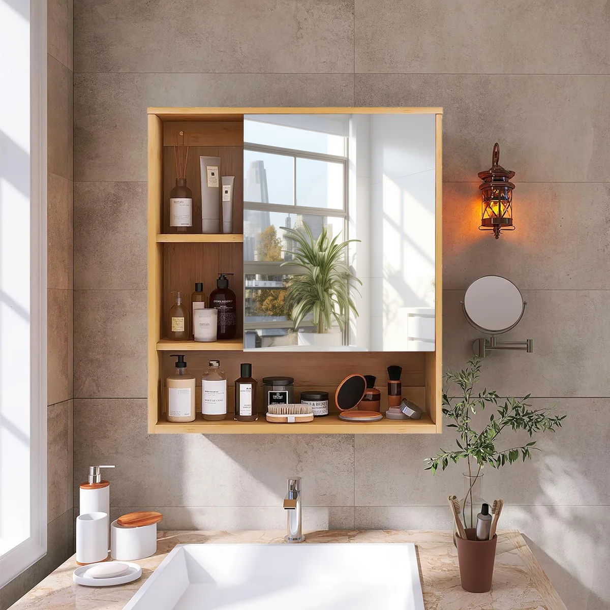 Wall Mounted Medicine Cabinet with Mirror, Natural Bamboo Bathroom Storage Cabinet, Adjustable Shelves for Bathroom, Bedroom — view 2