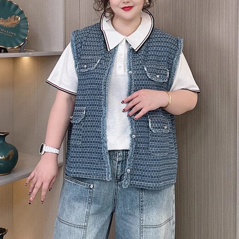 2025 Spring Plus Size Women's Tweed Frayed Hem Denim Vest, Chic Sleeveless Waistcoat Jacket, Stylish Casual Top 8288