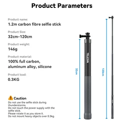 TELESIN Carbon Fiber Extendable Selfie Stick Monopod with 1/4 Screw (1.2M)