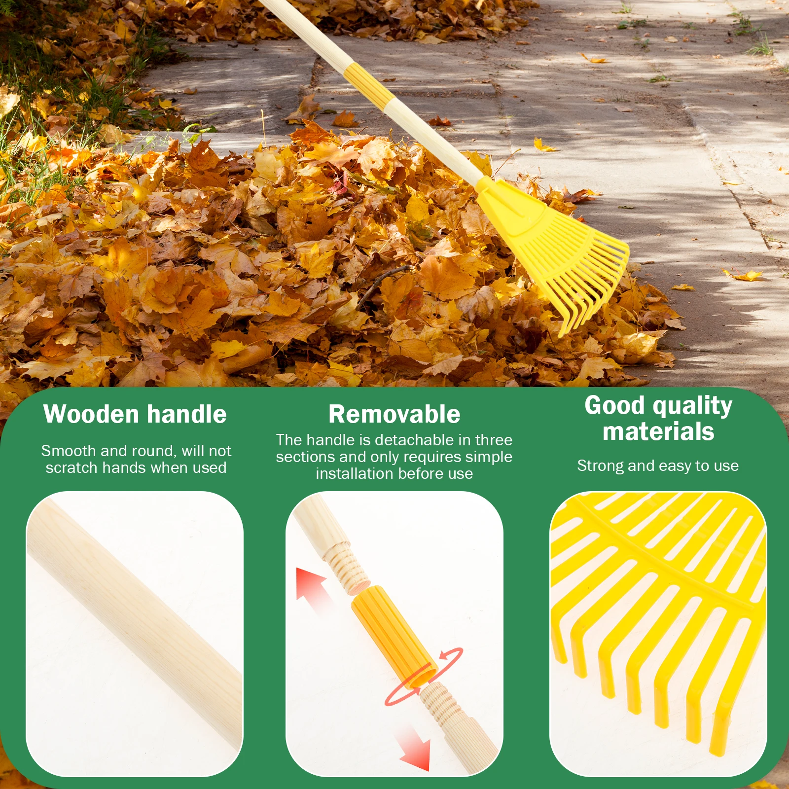 2Pcs Kids Leaf Rake Adjustable Garden Leaves Rakes with 3 Section Removable Handle Gardening Tool Plastic Wood Child Garden Rake